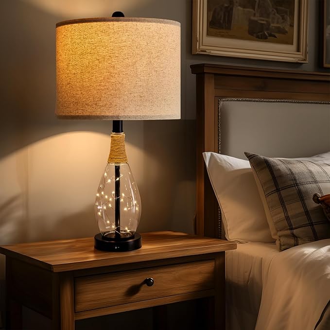 OYEARS 23" USB A+C Table Lamp for Bedroom Living Room Modern Bedside Lamps Retro Farmhouse Rattan Glass Nightstand Nightlight Lamps (Black),Two Light Points - Bloomnest