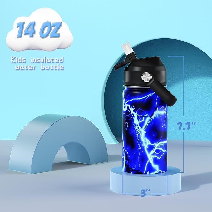 14oz Kids Insulated Water Bottle with Straw Lid - 18/8 Stainless Steel Kid Cup Travel Tumbler Double Wall Vacuum Leak Proof Portable Toddler Water Bottle (Lightning） - Bloomnest