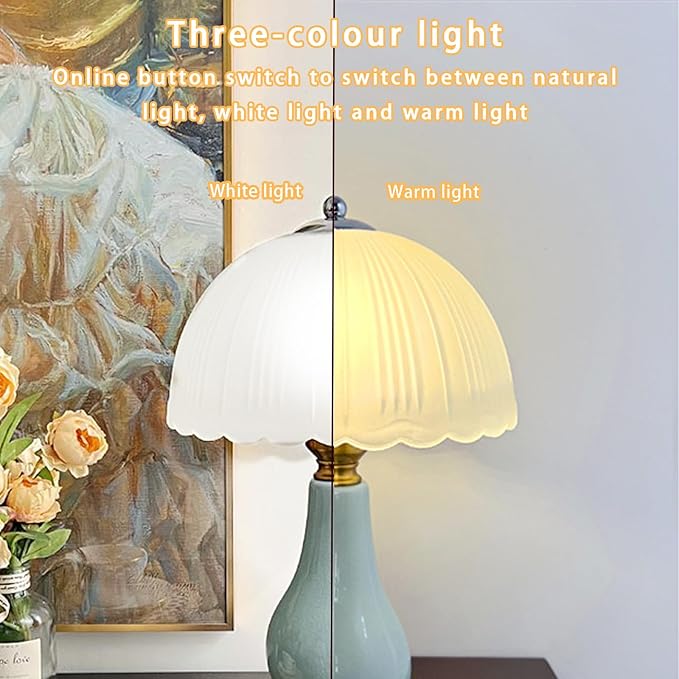 Large Table Light 3 Color Adjustable Ceramic Lamp Vintage Nightstand Lamps Dimmable Bedside Table Lamps for Living Room Bedroom Home Office (Cyan) - Bloomnest