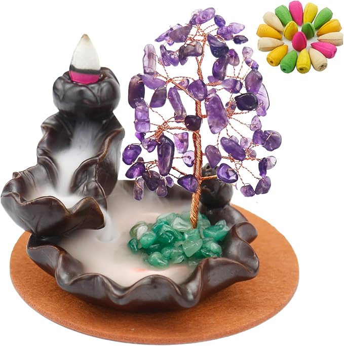 Ceramic Waterfall Incense Burner, Money Tree Backflow Holder Healing Crystal Stone, with 30 Cones + Stick for Yoga Meditation Home Zen Decoration(Amethyst) - Bloomnest