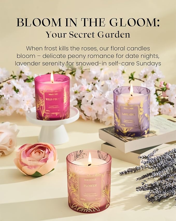 M&SENSE Floral Scented Soy Candles, Wild Peony Subtle Scented Vegan Soy Candle, 8.1oz 42-Hour Long Last Burning Time, No Toxin Bathtub Thanksgiving Christmas Date Night Romance Home Fragrance for Her - Bloomnest