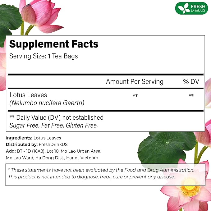 FreshDrinkUS, Premium 30 Lotus Leaf Tea Bags, 100% Natural & Pure from Lotus Leaves. Loose Leaf Lotus Herbal Tea. Made with Eco-Conscious Tea Bags. No Sugar, No Caffeine, No Gluten, Vegan. - Bloomnest