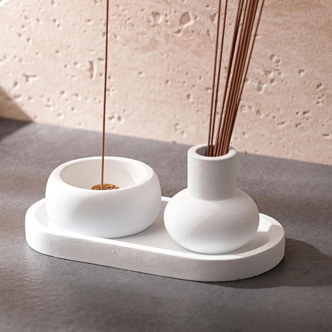 Concrete Incense Burner Set with Holder and Tray,Multifunction Incense Holder for Burning Sage,Palo Santo,Incense Sticks,Ideal for Meditation Home Decor(White) - Bloomnest