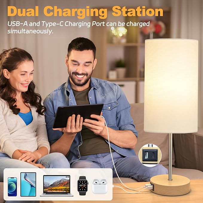 AKASUKI 18Inch Table Lamp with Dual Charging Station, 3 Way Dimmable Touch Lamp for Bedroom, Living Room, Office(LED Bulb Included) - Bloomnest