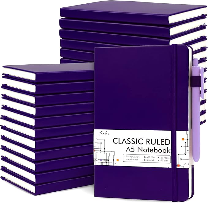 feela 24 Pack Journal Notebook Bulk for Work, Business Notebook Hardcover Lined Writing Journal with Pen Holder for Men Women Note Taking, with 24 Black Pens, 120 GSM, 5.1”x8.3”, A5, Purple - Bloomnest