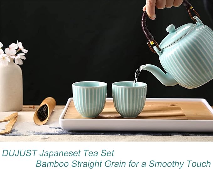 Dujust Japanese Tea Set, Cyan-blue Porcelain Tea Set with 1 Teapot Set, 6 Tea Cups, 1 Tea Tray, 1 Stainless Infuser, Asian Tea Sets for Adults/Tea Lover/Women/Men (Bamboo - Straight Grain Design) - Bloomnest