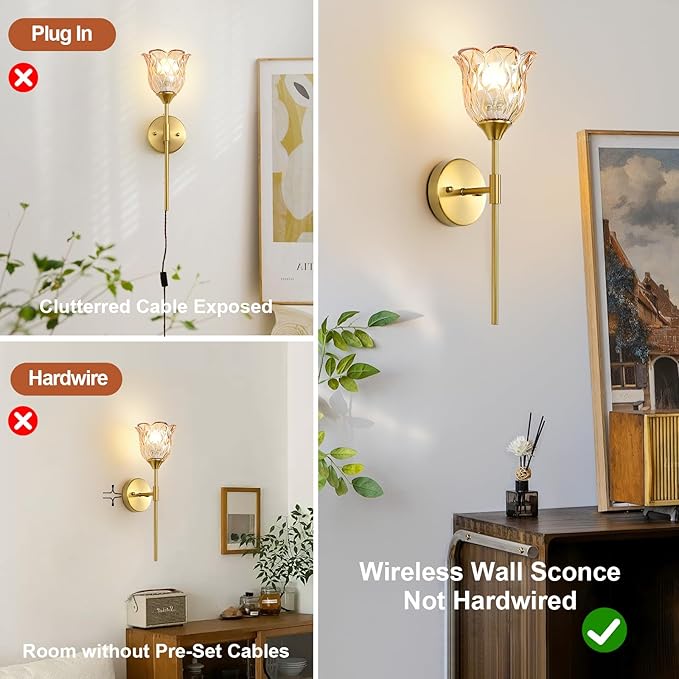 2 Pack Vintage Battery Operated Wall Sconce with Amber Glass Lampshade, Wireless Rechargeable Battery Powered RGB Wall Light with Remote Control, for Bedside Bedroom Doorway - Bloomnest