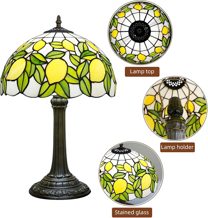 Tiffany Lamp Yellow Lemon Green Leaves Stained Glass Table Lamp Vintage Bedroom Desk Light for Home Dorm Office Art Craft Antique Decor Accent Aesthetic Nightstand Reading Light - Bloomnest
