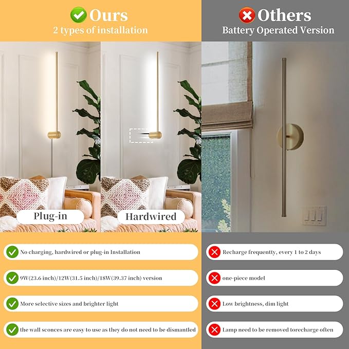 dimmable Modern Plug in Wall Sconce Set of 2, 23.6" Gold Brushed Wall Lights, Indoor Wall lamp Background Lighting with Memory Function, Applicable to Living Room and Bedroom 3000K 4000K 6000K - Bloomnest