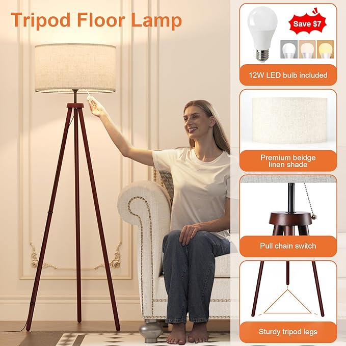 LiteHistory Wood Tripod Floor Lamps for Bedroom, Living Room, and Office, Corner lamp with Beige Linen Shade, 12W Three-Color Bulb Included, Pull Chain Switch, Gifts for mom for Home Decor, Walnut - Bloomnest