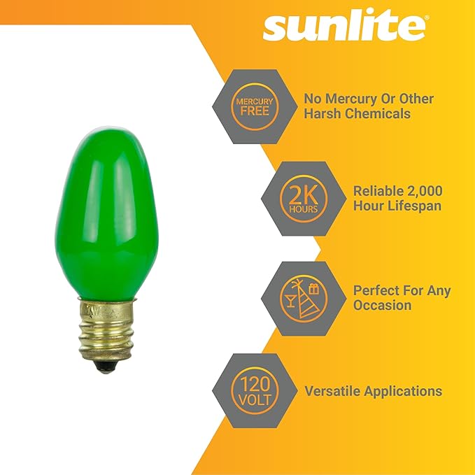 Sunlite 01260 7C7 Incandescent Bulb, 7 Watt, Candelabra E12 Base, C7 Small Night Light, Colored Bulb, Green, 25 Count - Bloomnest