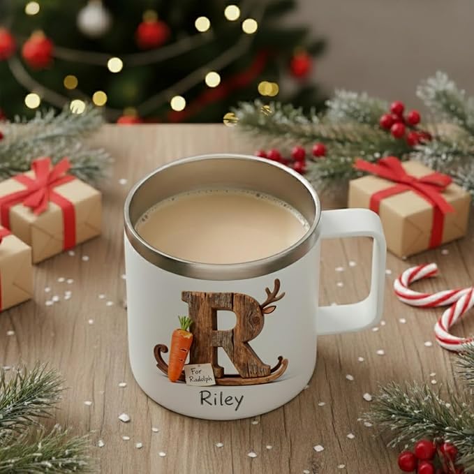 Personalized Christmas Coffee Mug with Custom Name & Reindeer Initial - 14oz Insulated Stainless Steel Tumbler with Handle & Lid - Rustic Rudolph Design, Unique Holiday Gift for Family (B60) - Bloomnest