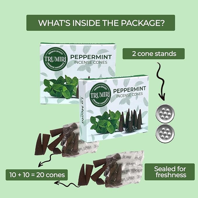 TRUMIRI Peppermint Incense Cones - Total 20 Cone Incense - Dual Pack of 10 Insence Cones - Incense Cones Scented - Cone Incense Scents - Insense Cones - Incent Cone TRUMIRI