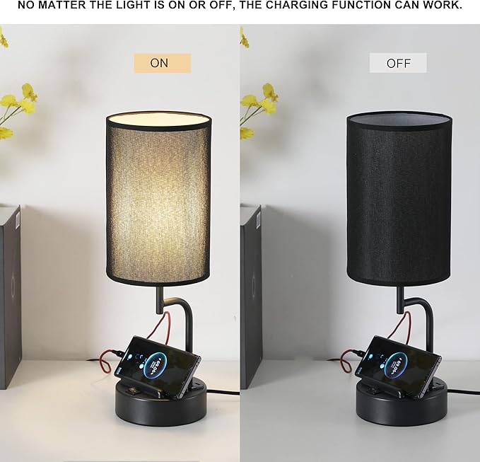 Dreamholder Table Lamp with 3 USB Charging Ports, Modern Desk Lamp with AC Outlet and Phone Stands, Perfect Bedside Lamp for Bedroom, Living Room, Office (Pack of 2), Black - Bloomnest