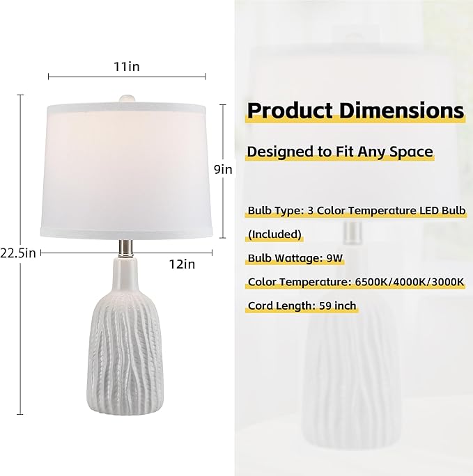 GRUENLICH Ceramic Table Lamp Set of 2 for Nightstand, 22.5" Modern White Bedside Lamp with 3 Adjustable Color Temperature, Bedroom Light for Living Room Desk End Table Office (2 LED Bulbs Included) - Bloomnest
