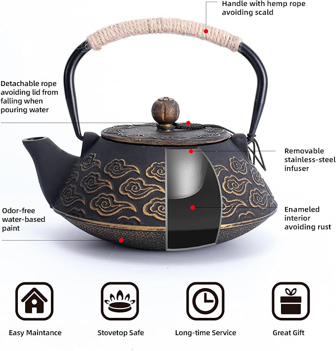 Cast Iron Teapot, Japanese Tea Pot with Infuser for Loose Leaf, Tea Kettle Stovetop Safe Coated with Enameled Interior, Clouds Pattern 27oz, 800ml Black