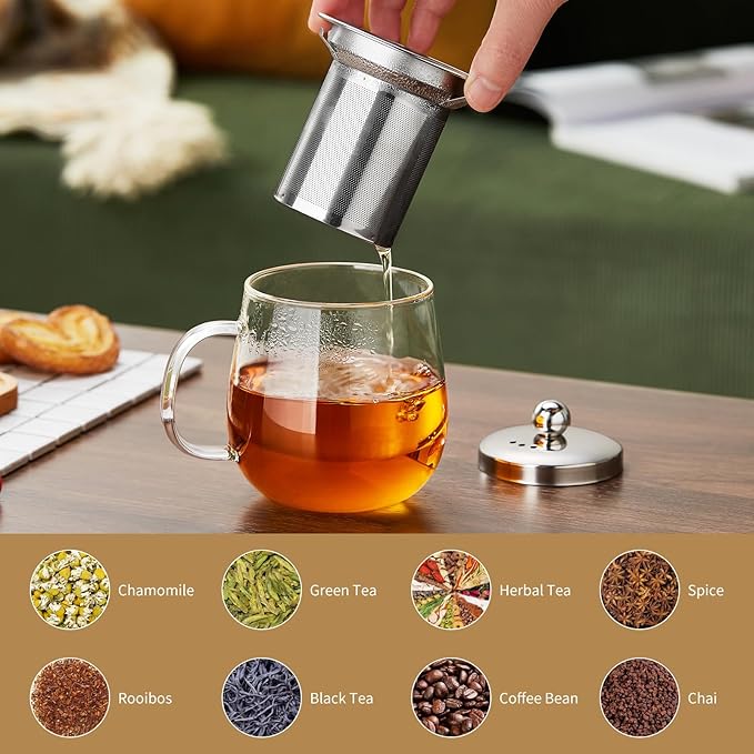 Glass Tea Cup with Infuser and Lid, 14.5oz/450ml Large Borosilicate Glass Teacup with Stailess Steel Filter, Clear Mug for Loose Leaf Blooming Tea, Dishwasher Safe - Tea Maker Gift - Bloomnest