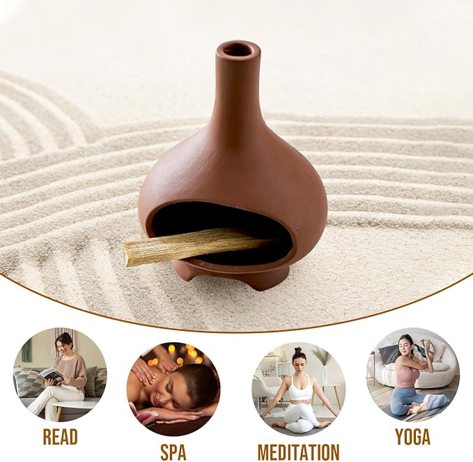 Palo Santo Holder Handmade Ceramics Incense Burner Chimney Dish Smudge Bowl for Palo Santo Sticks Sage Bundles with Brush(Brown) (Combustion Furnace) XINXINGDINGSHENG