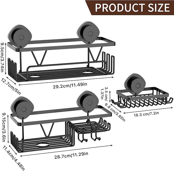 KEGII Shower Caddy Suction Cup, 3 Pack Removable Shower Shelves with Hooks & Soap Holder, No Drilling Bathroom Organizer, Waterproof Suction Storage for Inside Shower, Black - Bloomnest