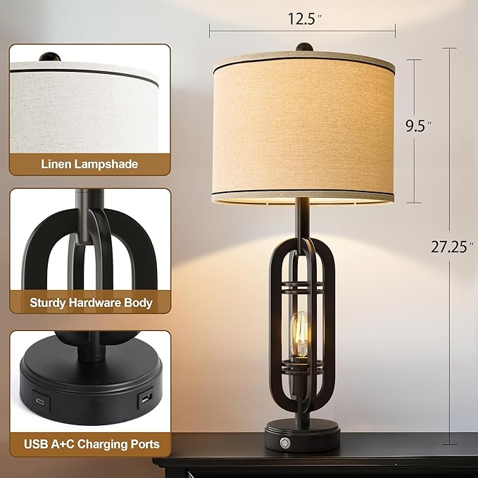 27.25'' Table Lamps Set of 2 for Living Room Bedroom Industrial Farmhouse Metal Touch Lamps with USB A+C Ports, Night Light Vintage Nightstand Bedside Lamp, Bulbs Included, Black - Bloomnest