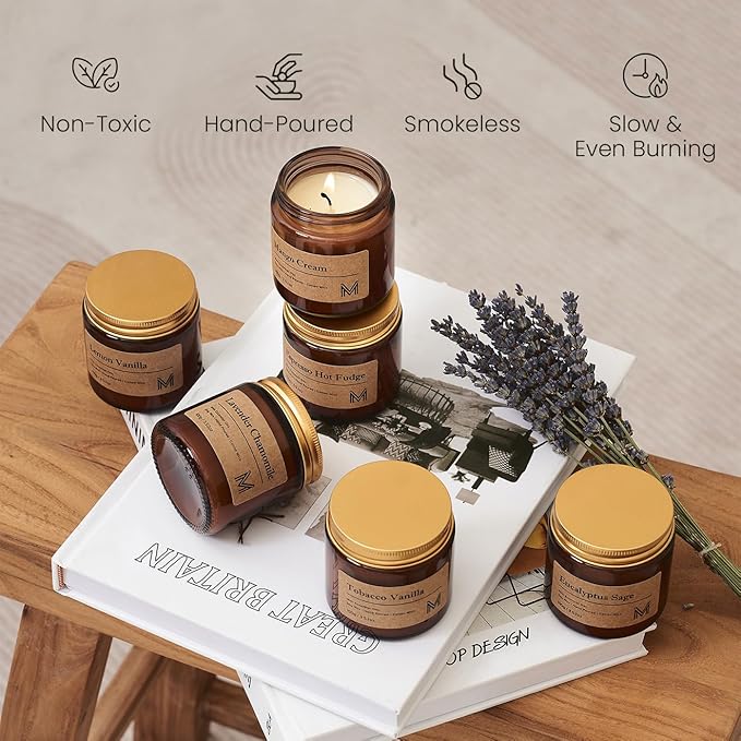 M&SENSE 6 Pack Candles Gift for Home Scented Aromatherapy Candle Set for Women Soy Wax Long Lasting Amber Jar Candles Gift for Birthday Housewarming Mother's Valentine Day - Bloomnest