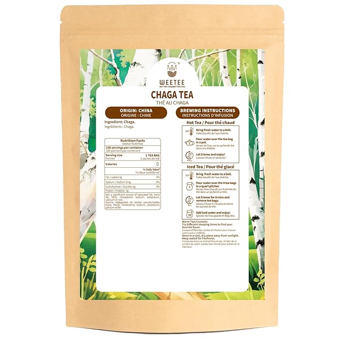 WT WEETEE Chaga Tea Bags 100 Count, 100% Siberian Birch Chaga Mushroom Tea, Caffeine-Free - Rich in Antioxidants - Bloomnest