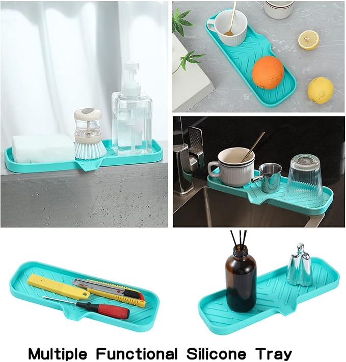 Silicone Bathroom Soap Dishes with Drain Spout-Bathroom and Kitchen Sink Organizer,Sponge Holder,Dish Soap Tray,Perfect for Dispenser,Scrubber,Bottle,Cup on Sink or Counter-Mint 12"×4" - Bloomnest