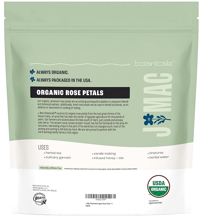 J MAC BOTANICALS Organic Rose Petals, (8 oz) Certified USDA Organic, Edible, Culinary Grade for Herbal Tea, Cooking and Crafts - Bloomnest
