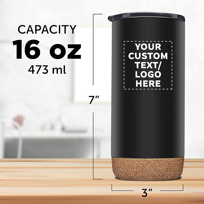 DISCOUNT PROMOS Custom Tumblers Cork Bottom 16 oz Set of 10/50/100 Personalized Bulk Pack Double Wall Insulated Matte Finish Iced Coffee Soda - Black - Bloomnest