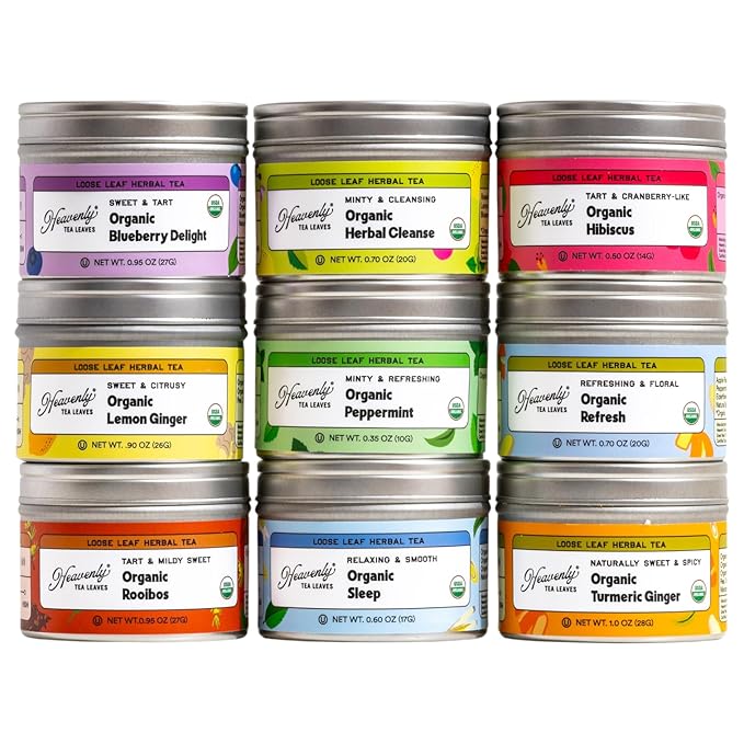 Heavenly Tea Leaves Organic Herbal Loose Leaf Tea Sampler Gift Set (Approx. 90 Cups) | 9 Naturally Caffeine-Free Tisanes | Great Hot or Iced | Assorted Variety Pack | Health & Immune Support - Bloomnest