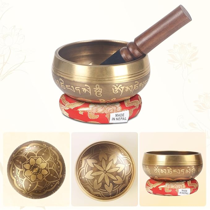 Kmise Tibetan Singing Bowls Set- Handmade in Nepal Meditation Sound Bowls for Yoga, Meditation, Mindfulness, Healing and Chakra Balancing, Stress Relief (3.5', Gold Flower) - Bloomnest