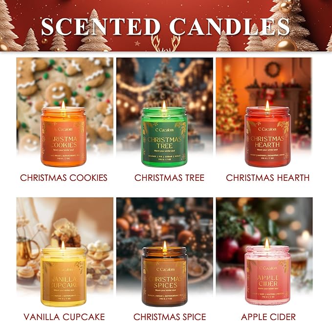 6Pack Christmas Soy Candles Gift Set Non-Toxic Aromatherapy Scented Candles for Holiday Gifts, Luxury Decorative Candle, Vinilla/Lavender/Pine/Cookies/Apple/Cupcake Jar Candle, Winter Candle Set - Bloomnest