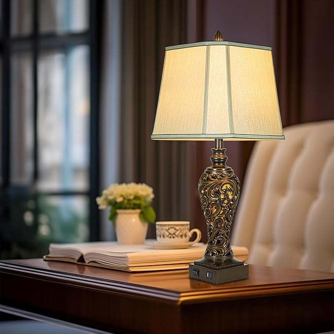 28.5" high Vintage Brown Table Lamps Set of 2 - Bedside Lamp with Faux Silk Shades - for Bedroom and Living Room with USB and Nightlight - Perfect for Nightstands and Bedrooms (Bulb Included) - Bloomnest