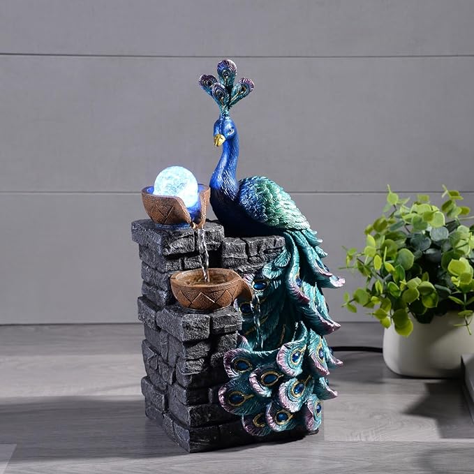 Tabletop Water Fountain Decor, Peacock with LED Glass Color Changing Globe,Relaxation Decorative Desktop Water Zen Fountain for Home/Office,Living Room Décor.13.78" Tall