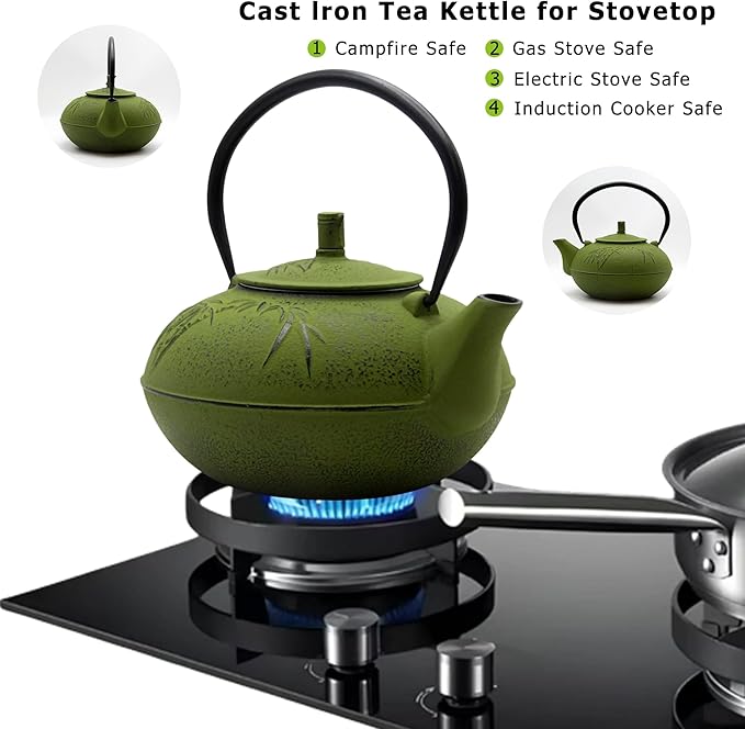 84.6oz/2500ml Large and Heavy Cast Iron Tea Kettle for 5 to 8 Cups, Teapot with Stainless Steel Infuser, Cast Iron Tea Pot for Stovetop Safe (2500ml Green Teapot with Bamboo Pattern) - Bloomnest