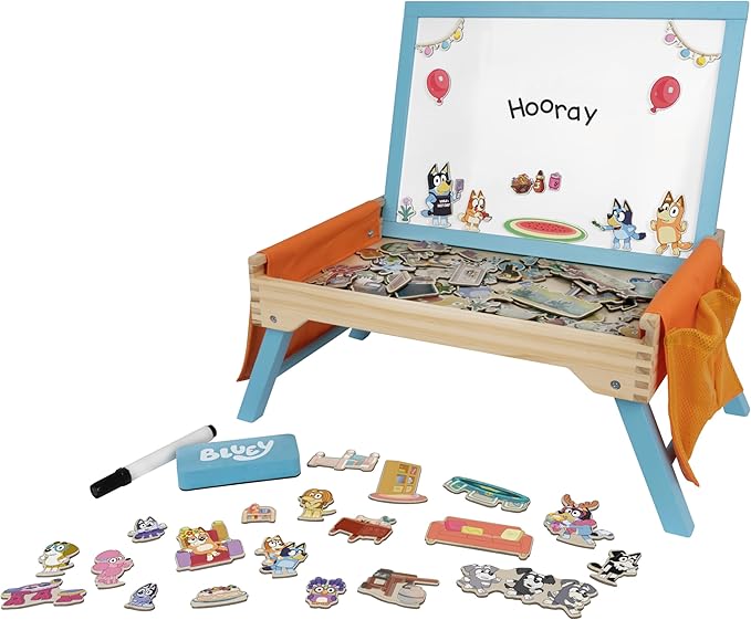 Bluey Art Creation Kids Art Station with 100 Magnets & Whiteboard Lid, Foldable Legs, Art Table for Kids, Storage Pockets - Bloomnest