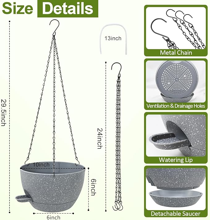 WOUSIWER Self Watering Hanging Planters, 2 Pack 10'' Plastic Pots with Drainage Holes & Reservoir Tray (Speckled Grey) | Indoor & Outdoor Use for Ferns, Ivy, Herbs, Succulents - Bloomnest