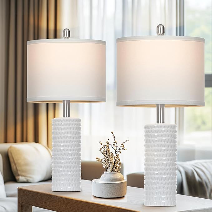 24.5" Modern Ceramic Table Lamps for Living Room ，Farmhouse Nightstand Lamps Set of 2 with White Linen Shade Office Reading Lamp ，Bedroom Lamps for Bedside End Table, Bedroom, Living Room, White - Bloomnest