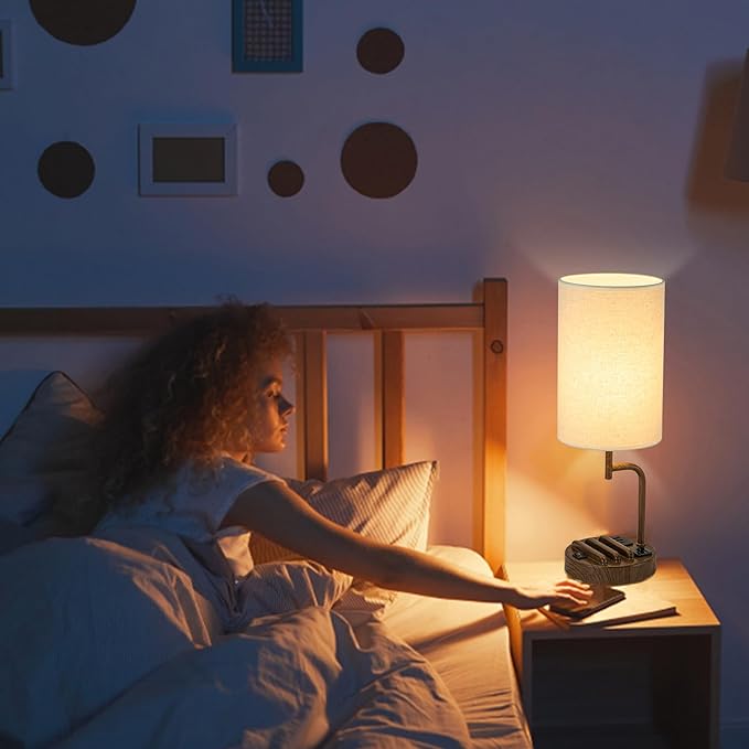 Dreamholder Table Lamp with 3 USB Charging Ports, Modern Desk Lamp with AC Outlet and Phone Stands, Perfect Bedside Lamp for Bedroom, Living Room, Office (Pack of 2), Walnut - Bloomnest