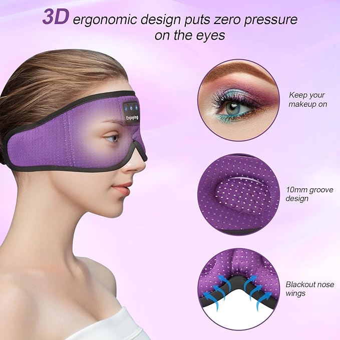 Sleep Headphones, Sleep Mask Bluetooth Wireless Music Eye Mask, Sleeping Mask for Side Sleepers Sleep Mask with 3D Bluetooth Headphones Ultra-Thin Stereo Speakers Perfect for Sleeping (Purple) - Bloomnest