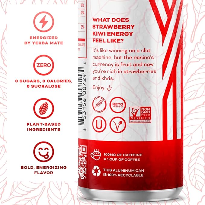 Yerbaé Energy Seltzer - Strawberry Kiwi, No Sugar/Calories/Carbs. Energized by Yerba Mate, Naturally Caffeinated Plant-Based, Healthy Alternative to Coffee/Sugary Sodas, Pack of 12, 12oz cans - Bloomnest