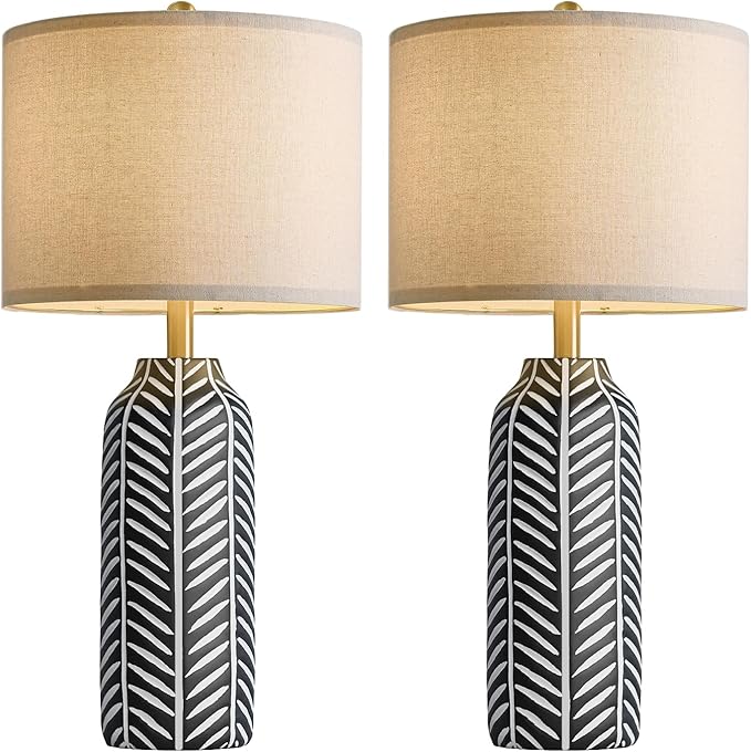 BOBOMOMO 26" Farmhouse Black Table Lamps Set of 2 – Rustic Resin Lamps with Vintage Leaf Pattern and Linen Shades, Black Bedside Lamps for Bedroom, Living Room, Office, Entryway, Console Table - Bloomnest