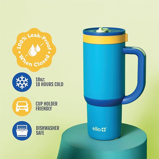 Ello Oasis 18oz Kids Tumbler with Handle & Retracting Straw, 100% Leakproof Reusable Insulated Stainless Steel Cup, Gifts for Teens Girls Boys, Keeps cold for 18 Hours, Cup Holder Friendly, Glacier - Bloomnest