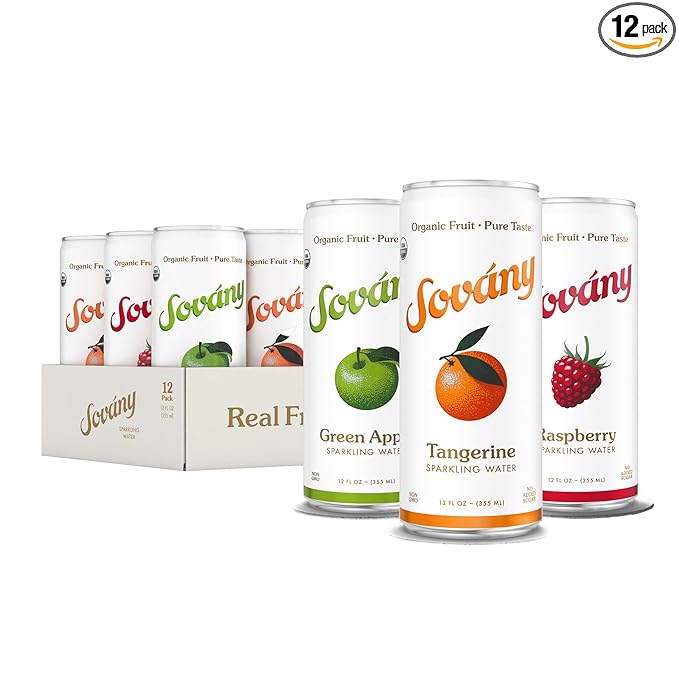 Sovány Flavored Sparkling Water, Variety Pack, Seltzer Water Drinks, USDA Organic, Made With Real Fruit, Non-GMO, Vegan, No Added Sugar, Low Calorie, Tangerine, Raspberry & Green Apple, 12 fl oz, 12 Pack - Bloomnest