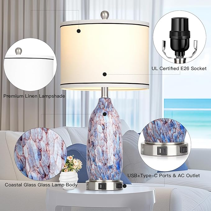 Coastal Lamps with USB A+C Ports & LED Night Light, Unique Seashells Glass Table Lamps with Natural Fabric Shade, Modern Touch Control Beach Bedside Lamp for Living Room Bedroom Nightstand Navy Blue - Bloomnest