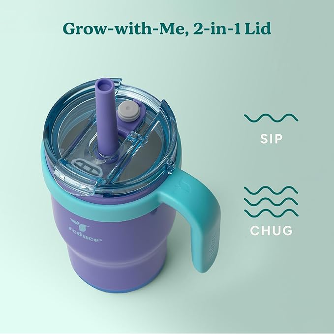 REDUCE 14 Oz Coldee Kids Tumbler with Lid and Straw - Coldee Insulated Travel Mug - Spill-Proof, Sweatproof Stainless Steel, BPA-Free - Includes Handle, Reusable Silicone Straw - Magnetic Purple - Bloomnest