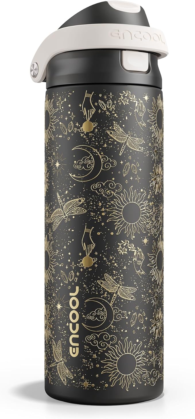 ENCOOL Leakproof Insulated Water Bottle with Straw Dual-Sip Water Bottle Bag-Safe Design for Work, Commute & Gym – Keeps Drinks Cold All Day, 24 oz, Oracle Moth ENCOOL