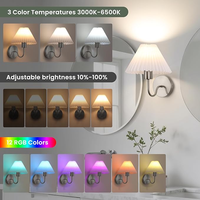 Wireless Wall Sconce Sets of 2, Pleated Shades Rechargeable Battery Operated Wall Sconce, Retro gooseneck Brushed Nickel Bathroom Vanity Lights, Wall Mounted Lamps for Bedroom Living Room Hallway - Bloomnest