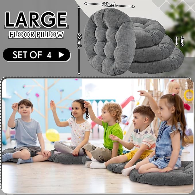 Jerify Floor Pillow Cushions 22 x 22 Inch Round Square Large Meditation Floor Pillow for Classroom Adult Meditation Picnic Party Cushion for Seating Gift Christmas(Round,Dark Grey,4 Pcs) - Bloomnest