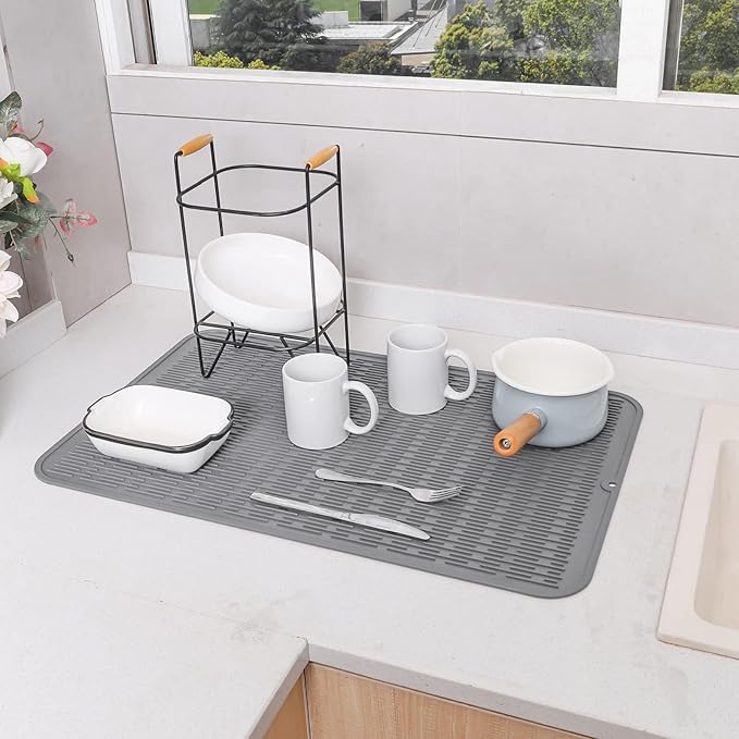 Silicone Dish Drying Mat for Multiple Usage,Easy clean,Eco-friendly,Heat-resistant Silicone Mat for Kitchen Counter or Sink,Refrigerator or Drawer Liner Grey 3XL 28 inches x 18 inches - Bloomnest
